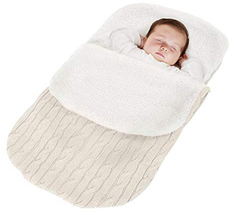 Minetom Kinderwagen Baby Schlafsack Stricken Winter Buggy Babyschale Winterfußsack Weich Warmes Plüsch Draussen Fußsack Babydecke Footmuff Weiß 38 * 68 cm