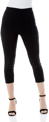 Roman Originals Cropped Trousers for Women UK Ladies Capri Leggings Summer Pants Short Crop Stretch 3/4 Length Three Quarter Pedal Pusher Clothes Elasticated Bengaline Cut Off - Black - Size 16