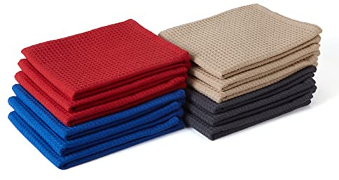 Encasa XO Kitchen Dish Towels Set | Multicolor | Waffle Weave and Flat Hand Tea Towel | 70x45 cm | Quick Drying Reusable Cotton Washcloths | Multipurpose Lightweight Dishcloths Set of 12