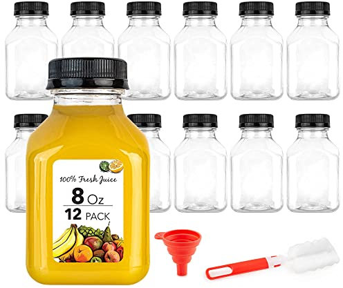 Juice Bottles with Caps for Juicing & Smoothies, Reusable Clear Empty Plastic Caps, 8 Ounce Drink Containers Mini Fridge, Juicer Shots, Small Water Bulk oz (48 Pack)