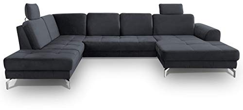 CAVADORE Wohnlandschaft Benda / Große Sofagarnitur mit XL-Longchair rechts & Federkern / Inkl. Sitztiefenverstellung & Kopfstützen / 332 x 87 x 226 / Samt: dunkelblau