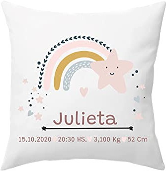 Worfull Regalos Cojín Nacimiento Arcoiris niña, Cojín para bebés, Recién Nacido, Regalo para papás primerizos, Newborn Gift, Birth Gift, Baby