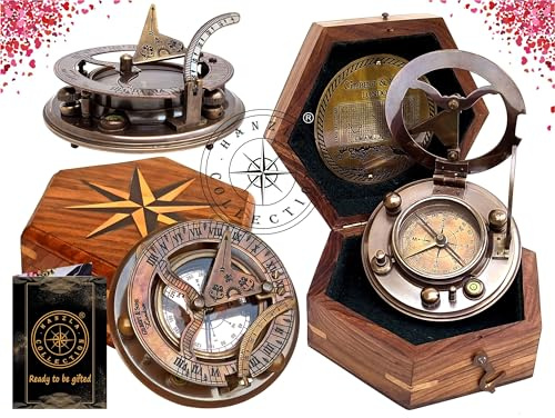 Hanzla Collection Antique Brass Sundial Compass with Wooden Box and Chart | Working Compass | Gilbert & Sons London Sun Clock Decorations Ship Replica Watch
