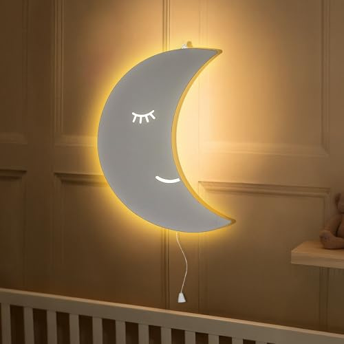 Marco Paul Crescent Moon - Lámpara de noche de madera blanca para montar en la pared, iluminación de habitación de bebé, niños, lámpara de pared para dormitorio, lámpara de noche