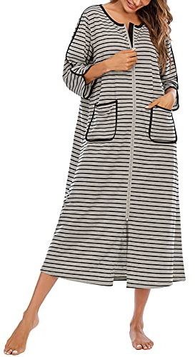 Rubehoow Damen-Hausmantel Reißverschluss vorne weiche Baumwolle Damen Übergröße Staubmantel mit Taschen (Grau, 3XL)