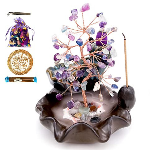 Lotus Fish Backflow Incense Burner with Colorful Fluorite Money Tree for Healing, Aromatherapy, Zen Meditation, Home Decoration