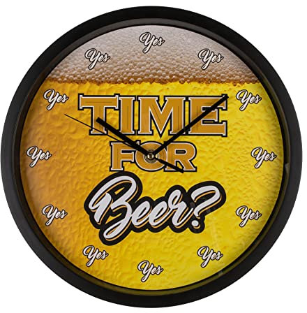 MIJOMA Wanduhr mit lustigem Design-Ziffernblatt, Runde Quarzuhr mit analoger Zeitanzeige, batteriebetrieben, Ø 29cm (Time for Beer)