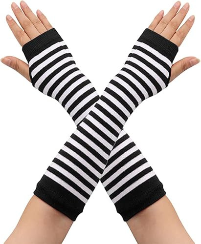 Andiker Gants sans doigts à manches longues pour femmes, extensibles Rayés Réchauffeurs de bras tricotés Gants trou de pouce