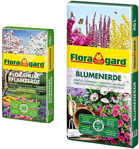 Floragard Florahum Pflanzerde 70 L • Universalerde • für Blumenbeete, Stauden, Sträucher, Gehölze und andere Gartenpflanzen • mit Tongranulat und dem Naturdünger Guano & Blumenerde, 40 Liter