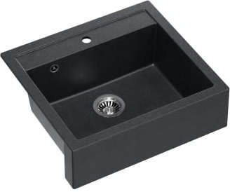 VBChome Spülbecken 60 x 54 cm Bauernhaus-Küchenspüle Einzelbecken Schwarz Granit Rechteckig Einbauspüle Gesprenkelt Großes Tiefes Becken Granitspüle + Siphon