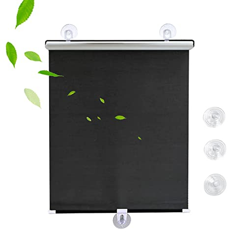 KGUDYS Blackout curtains with suction cups,30-75cm wide sunscreen roller blinds,automatic retractable sunshades,free-perforated,portable temporary blinds for doors and windows,Black-30x125cm/12x49in