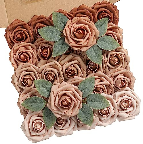 rongflower Artificial Flowers Real Looking Dusty Rose Colors Foam Fake Roses with Stems 25pcs for DIY Wedding Bridal Shower Centerpieces Tables Decorations Party