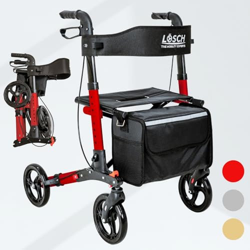 Lösch Reha Rollator „TABAS Mobility” I Indoor & Outdoor Rollator faltbar und leicht mit PU-Bereifung & Sitzoption I höhenverstellbarer Reise-Gehwagen mit Tasche & Stockhalter I Gehhilfe in Rot