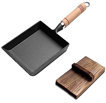 Poêle à Omelette rectangulaire, poêle à Omelette carrée Japonaise en Fonte, antiadhésive épaissie avec Couvercle en Bois