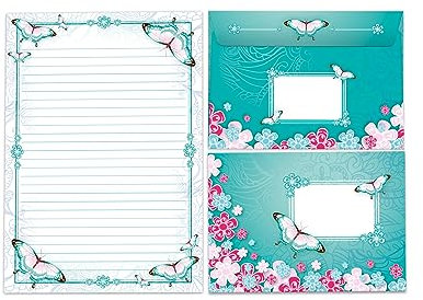 Briefpapier-Set Briefblock zum Ausmalen mit Umschlag für Mädchen Kinder Schmetterlinge Blumen (Block A5 mit 25 Blätter + 15 Umschläge)