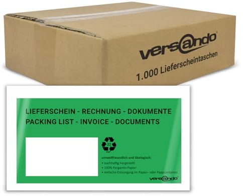 versando 1000 ökologische Lieferscheintaschen DIN lang selbstklebend 100% | Pergamin Papier folienfrei grün/schwarz bedruckt: Lieferschein/Rechnung