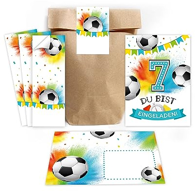 Minkocards 12 Einladungskarten zum 7. Kindergeburtstag Junge Fußball Fussball Einladungen zum siebten Geburtstag incl. 12 Umschläge, 12 Partytüten/natur, 12 Aufkleber