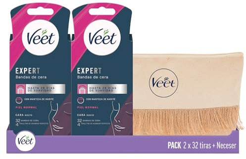 Veet Expert Pack Bandas de Cera Fría Depilatoria para Depilación Facial, Adecuado para Labio Superior (Bigote), y para Cuerpo y Piernas, con Manteca de Karité, Pack 2 x 32 tiras