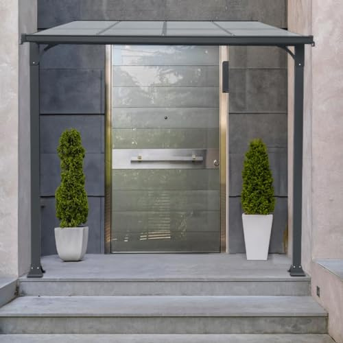 Aluminium Vordach Cardiff Tür Überdachung für Haustür 3 Größen Haustürüberdachung Pultdach mit Pfosten für Eingangstür mit Doppelstegplatten (294 x 150 cm)