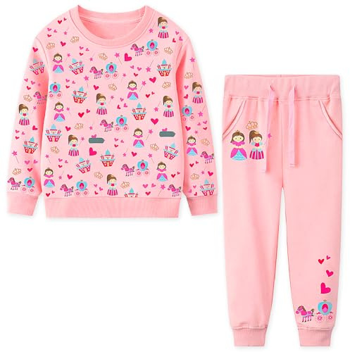 FILOWA Survêtement Fille Enfant Jogging Ensemble Coton Sportswear Chaud Manches Longues Pull Imprimé Sweat et Pantalon Avec Poche de Sport Vetement Automne Hiver pour 5-6 ans, Rose