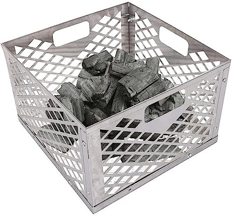 Qikam Cestino per Carbone Oklahom-a Joe, in Acciaio Inox, Color Argento, con Manico, Compatibile con la Maggior Parte delle Griglie Offset, 31 x 31 x 20 cm