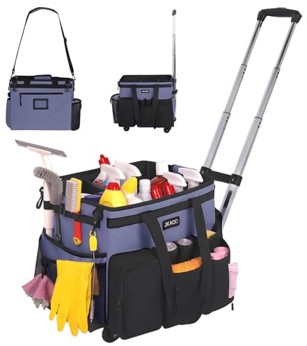 JKAOO Large Rolling Cleaning Caddy Bag with Detachable Trolley, Waterproof Cleaning Caddy on Wheels for Housekeepers, Cleaning Cart Supplies Organizer for Home,Car,Office,Picnic (Denim Blue)(InPatent)