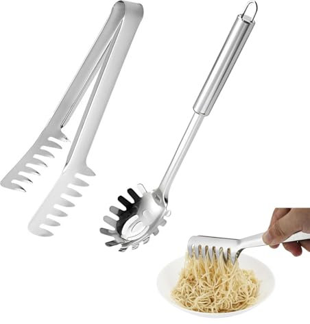 JOYOLA 2 Stück Edelstahl Pasta Löffel, Spaghetti Server Set Spaghetti Löffel Tongs Edelstahl Spaghetti Zange Spaghettilöffel Nudelgabel Geeignet zum Backen und Kochen von Nudeln, Salate