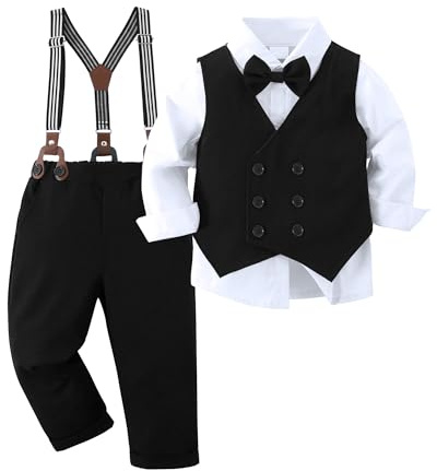 Amissz Garçon Gentleman Vêtements Ensembles 6-10 Ans, Enfant Mariage Baptême Tenue Costume Haut Chemise+Gilet+Pantalon+Nœud Papillon