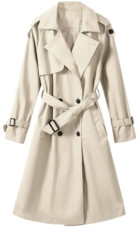 Tuopuda Trench Donna Primaverile Autunnale, Cappotto Doppiopetto Lungo Classico Antivento, Giacca a Maniche Lunghe Trenchcoat Cappotti Mantello Windbreaker Giacche con Tasche, Beige, L