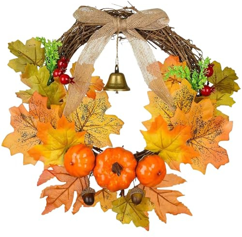 GOMETY Ghirlanda autunnale artificiale in acero, 30 cm, corona autunnale in acero, decorazione per la porta di casa, foglie d'acero, per la decorazione autunnale, per il giorno del Ringraziamento,