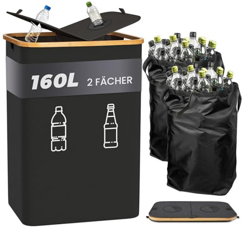 MidingChai 160L Groß Pfandflaschen Sammelbehälter 2 Fächer, Pet Flaschen Sammelbehälter mit Deckel, Leergut & Altglas Aufbewahrung, Küche Pfandflaschen Tasche, Schwarz