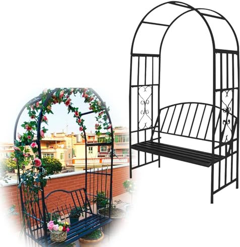 Arche de Jardin avec Banc 210 x 114 x 52 cm Treillis en métal pour Plantes grimpantes avec Banc de Jardin, Culture de Raisins et de vignes, de Patio Siège décoratif d'extérieur
