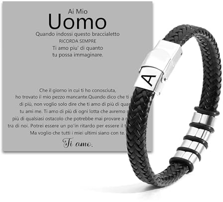 SAMINO Cuoio Nero 26 Bracciale Iniziale Per Il Mio Uomo Acciaio Inossidabile A-Z Lettera Charm Bracciale Intrecciato Per I Regali A Lui