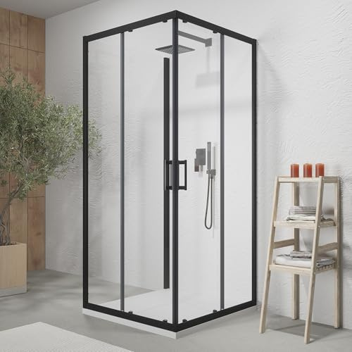Box doccia cromato 3 lati 70x120x70 cm con doppio scorrevole h190 cm e Vetro Temperato Trasparente 6 MM Profili Nero Opaco Modello Tremiti
