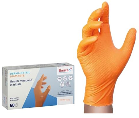 Generico Derma Nytril Diamante,Guanti in Nitrile, Senza Polvere, EXTRA GRIP, SPESSORE MAGGIORATO, Colore Arancione, 50 Pezzi IN BOX- CARTONE DA 500 PEZZI (XL)