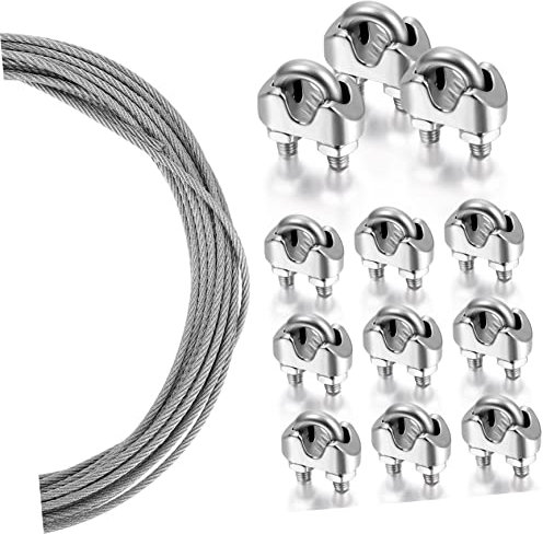HAWILLOSCH Drahtseil Mit Clips Edelstahldrähte Metalldrähte Für Lichterketten Spanndraht Mit Klemmen Befestigungswerkzeuge