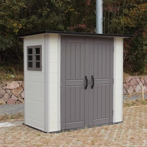 Capanno in resina per esterni con porte bloccabili, impermeabile, capanno per attrezzi con finestra a pavimento, ideale per giardino, cortile, patio e soluzione di archiviazione sicura