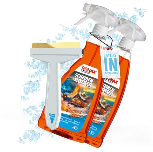 Set di 2 sbrinatori per parabrezza, spray Sonax, Sweet Home, 1 litro per finestrini dell'auto + 1 raschietto per ghiaccio Murska con lama in ottone, spray per sbrinamento per una visione chiara