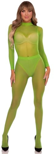 Leg Avenue Damen-Body mit Druckknöpfen, langärmelig, mit passenden durchsichtigen Strumpfhosen für Damen, Grün, Größe S/S