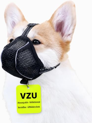 VZU Maulkorb für Hunde, Atmungsaktiv, Reflektierend, Verstellbarer Hundemaulkorb für Kleine Mittelgroße und Große, Verhindert Kauen, Fressen, Beißen, Mesh Haustiermaske (1, Schwarz, S)
