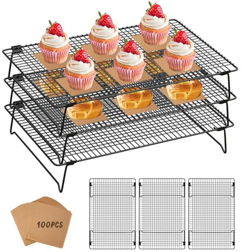 SHOUNAJIA Cooling Rack for Cooking and Baking, 3-Tier Stackable Wire Cooling Rack with Legs for Cooling Cookie, Pizza, Cake, Baking Paper 100 Pcs, 17 x 11, L