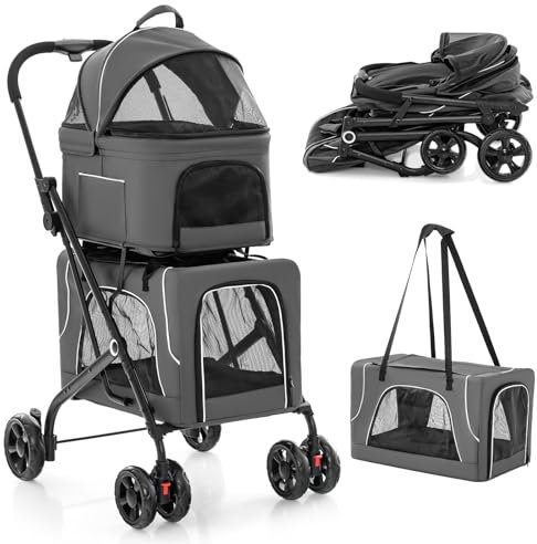 COSTWAY 3 in 1 Hundewagen, Hundebuggy 2 Etagen mit Netzfenstern & Taschen & Polstern, Oxford & Metall, Haustiere Buggy bis 16 kg, Hundebox Transporttasche klappbar, für Hunde Katzen Haustiere (Grau)