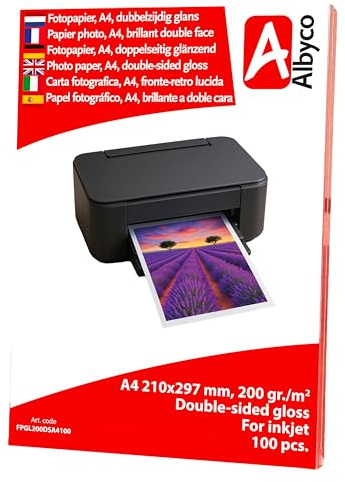 Papier Photo Albyco Jet d'Encre A4 Brillant 200 gr/m², Recto Verso, Conditionné par 100 feuilles
