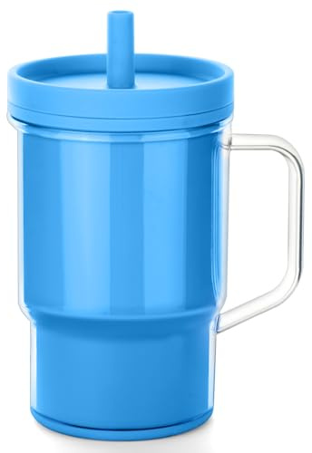 Vicloon Bicchiere Baby Training Cup in Silicone con Manici e Cannuccia, Silicone Bicchiere Neonato, Tazza per Neonati e Bambini, Antigoccia, Lavastoviglie, Senza BPA, 260ml, 6+ Mesi (Blu)