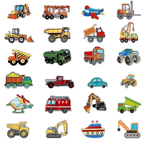 Iron on Patches Kids, 24 Pcs Embroidered Iron on Patches for Boys & Girls Jeans, Jackets, Backpacks, Clothes, DIY Craft, Back-to-School Essentials with Vehicles Theme (Vibrant Color)