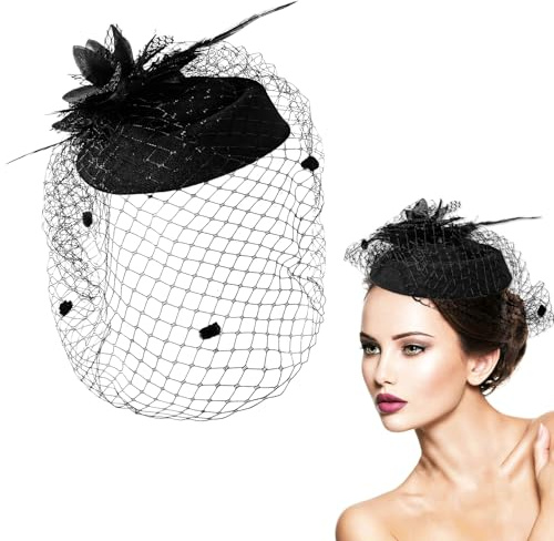 Dimeho Fascinator Hut für Damen Vintage Schleier Blume Federkleid Kopfschmuck 20er Jahre Pillbox Hüte mit Schleier Elegante Halloween Karneval Party Hochzeit Teeparty Hüte für Fascinator Damen Schwarz