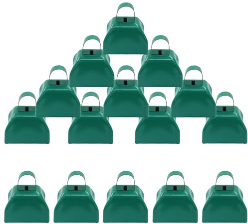 ISDVBUY 15 Pack 3 Inch Green Metal Cowbells -Cowbells Noise Makers Hand Percussion Cow Bells Loud Cowbells with Handle for Sports Games,Weddings and Parties