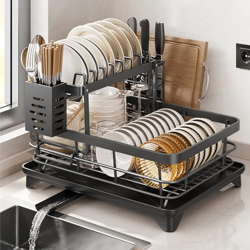 CeruleTree Dish Drainer Rack, Detachable 2 Tier Dish Rack with Drip Tray, Large Capacity Dish Drying Rack with 360° Swivel Drainage Spout, Space-Saving for Kitchen Counter, Black