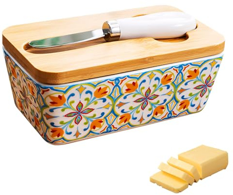 Butterdose Keramik mit Holzdeckel und Buttermesser, 350ml Große Kapazität Butterdose für 300g Butter, Multi-Funktion Versiegelt Butterglocke Frische-bleiben, für Haushalt und Küche (B)
