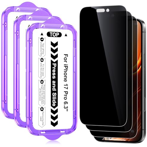 Ksleri 3 Pack for iPhone 17 Pro Privacy Screen Protector, Anti-Spy Tempered Glass Film with Auto-Aligning Easy Installation Kit, Anti-Scratch, 9H Military-Grade Protection - 6.3 Inch